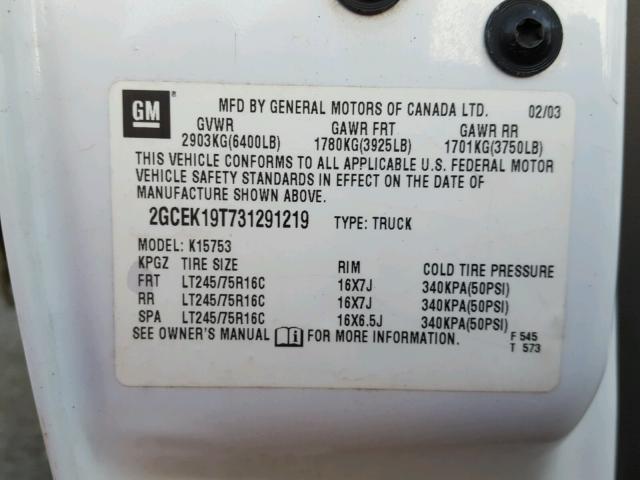 2GCEK19T731291219 - 2003 CHEVROLET SILVERADO WHITE photo 10