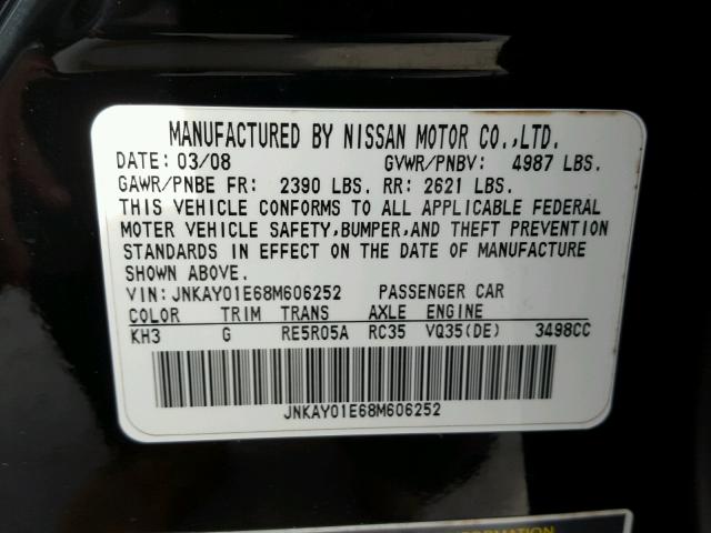 JNKAY01E683606252 - 2008 INFINITI M35 BASE BLACK photo 10