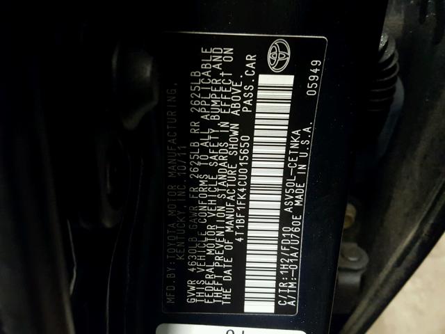 4T1BF1FK4CU015650 - 2012 TOYOTA CAMRY BASE BLACK photo 10