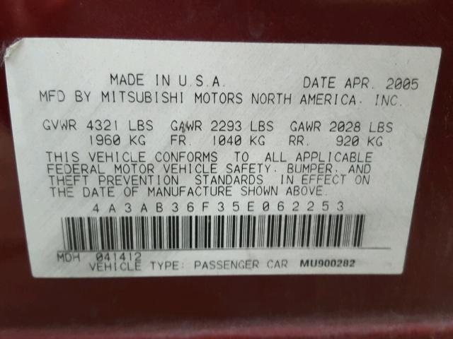 4A3AB36F35E062253 - 2005 MITSUBISHI GALANT ES MAROON photo 10