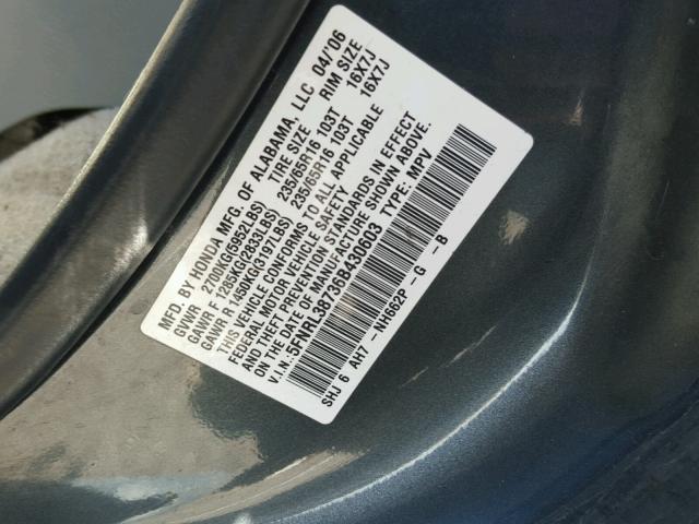 5FNRL38736B430603 - 2006 HONDA ODYSSEY EX GRAY photo 10