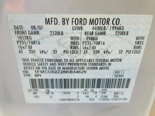 1FMCU02Z28KB34629 - 2008 FORD ESCAPE XLS SILVER photo 10