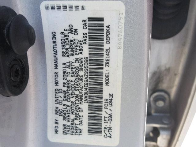 1NXBU4EE6AZ335066 - 2010 TOYOTA COROLLA BA SILVER photo 10