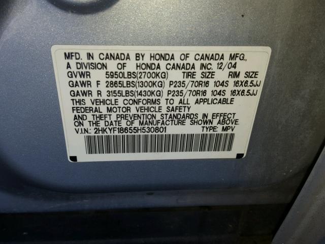 2HKYF18655H530801 - 2005 HONDA PILOT EXL SILVER photo 10