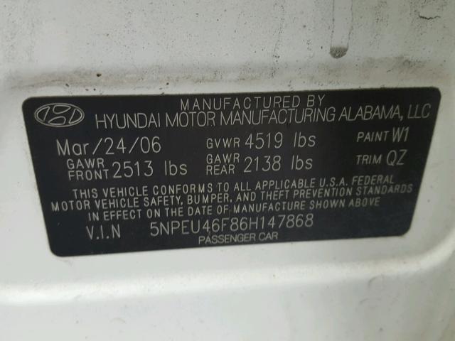 5NPEU46F86H147868 - 2006 HYUNDAI SONATA GLS WHITE photo 10