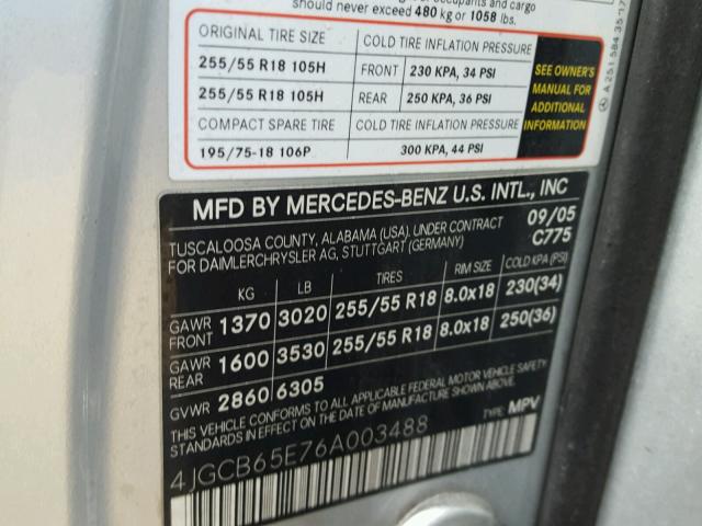 4JGCB65E76A003488 - 2006 MERCEDES-BENZ R350 GRAY photo 10