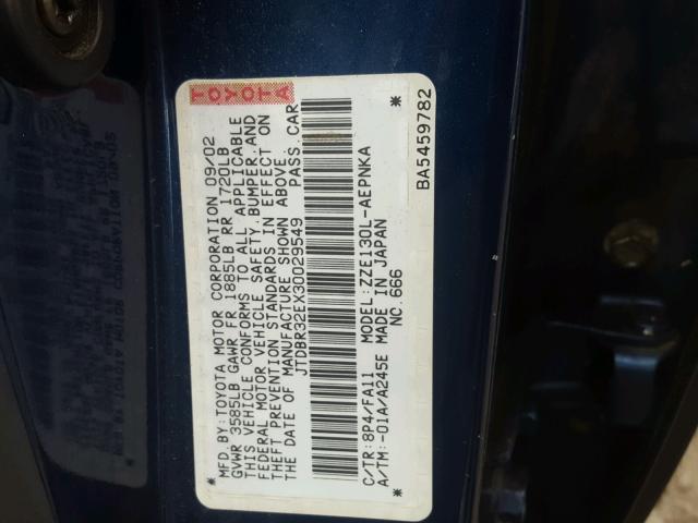 JTDBR32EX30029549 - 2003 TOYOTA COROLLA CE BLUE photo 10