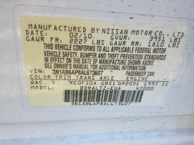 3N1AB6AP8AL673607 - 2010 NISSAN SENTRA 2.0 WHITE photo 10