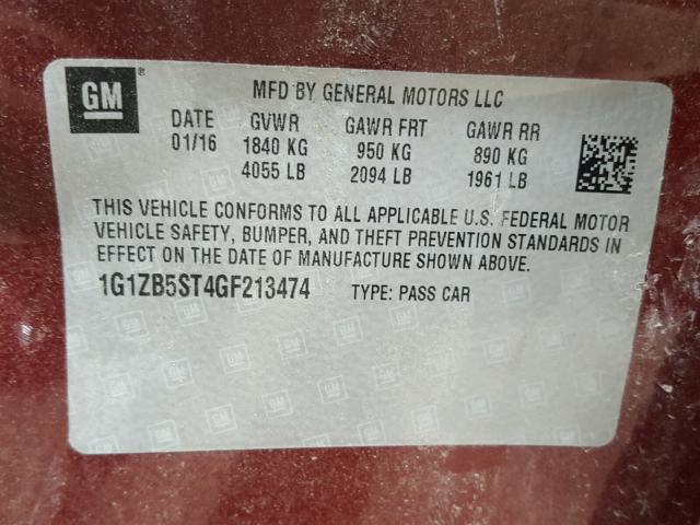 1G1ZB5ST4GF213474 - 2016 CHEVROLET MALIBU LS MAROON photo 10