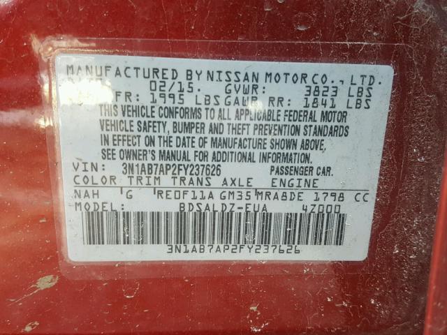 3N1AB7AP2FY237626 - 2015 NISSAN SENTRA S MAROON photo 10