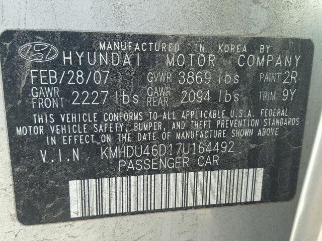 KMHDU46D17U164492 - 2007 HYUNDAI ELANTRA GL SILVER photo 10