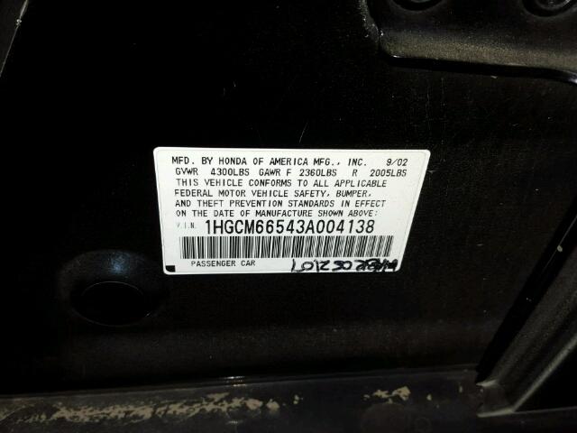 1HGCM66543A004138 - 2003 HONDA ACCORD EX BLACK photo 10