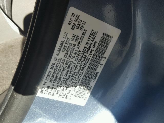 5FNRL3H78AB046406 - 2010 HONDA ODYSSEY EX BLUE photo 10