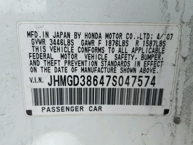 JHMGD38647S047574 - 2007 HONDA FIT S WHITE photo 10