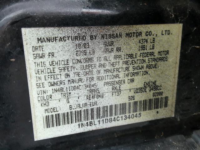 1N4BL11D84C134045 - 2004 NISSAN ALTIMA SE BLACK photo 10