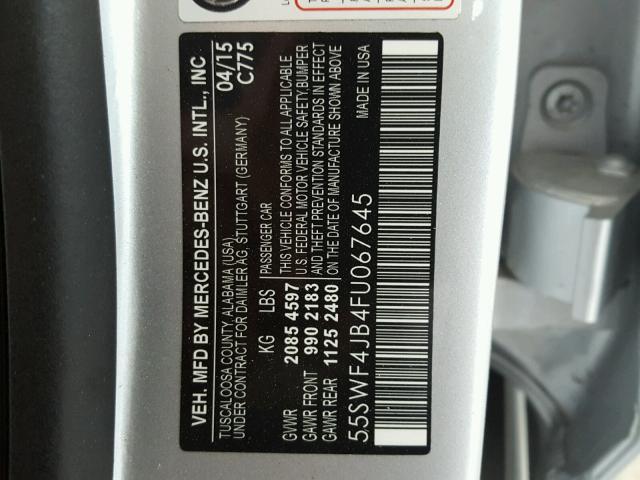 55SWF4JB4FU067645 - 2015 MERCEDES-BENZ C 300 SILVER photo 10