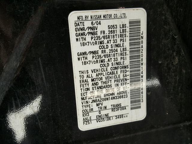 JN8AZ08W14W336623 - 2004 NISSAN MURANO SL BLACK photo 10