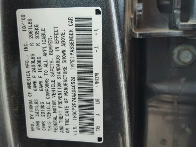 1HGCP2F74AA040524 - 2010 HONDA ACCORD EX GRAY photo 10