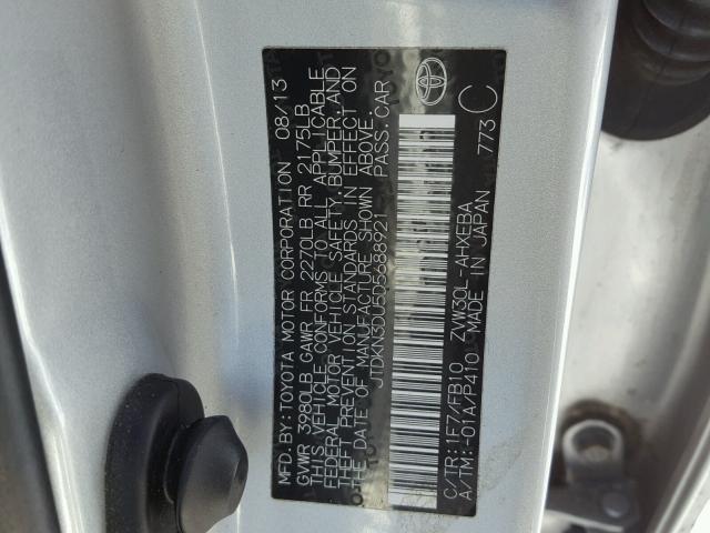 JTDKN3DU5D5688921 - 2013 TOYOTA PRIUS SILVER photo 10