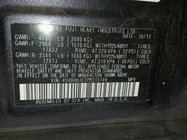 4S4BRBJC7C3212749 - 2012 SUBARU OUTBACK 2. BLUE photo 10