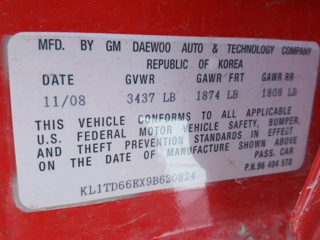 KL1TD66EX9B620824 - 2009 CHEVROLET AVEO LS RED photo 10