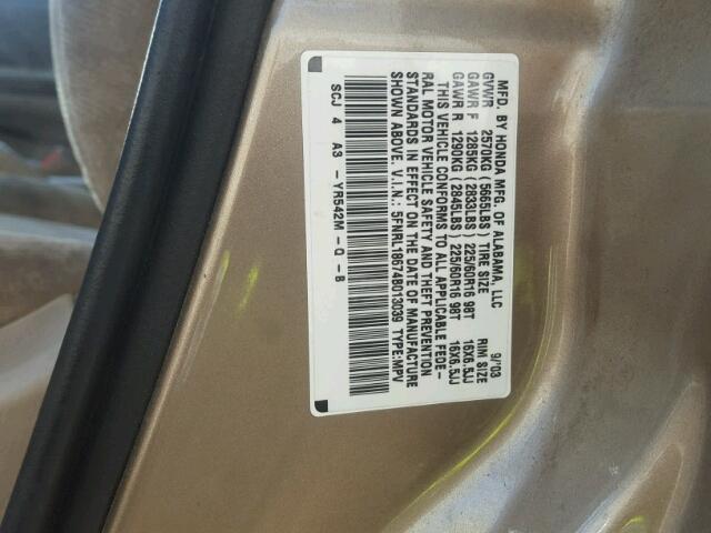 5FNRL18674B013039 - 2004 HONDA ODYSSEY EX GOLD photo 10