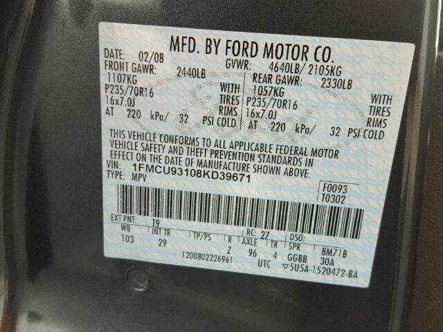 1FMCU93108KD39671 - 2008 FORD ESCAPE XLT GRAY photo 10