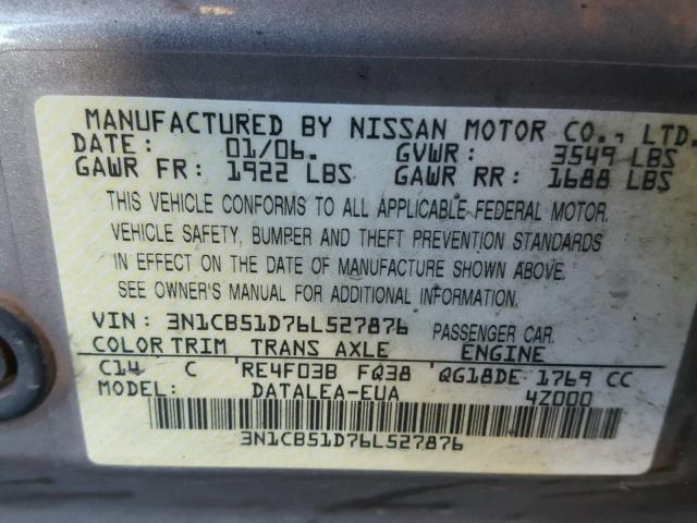 3N1CB51D76L527876 - 2006 NISSAN SENTRA 1.8 BEIGE photo 10