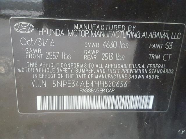 5NPE34AB4HH520656 - 2017 HYUNDAI SONATA SPO BLACK photo 10