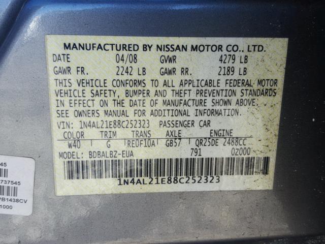 1N4AL21E88C252323 - 2008 NISSAN ALTIMA 2.5 GRAY photo 10