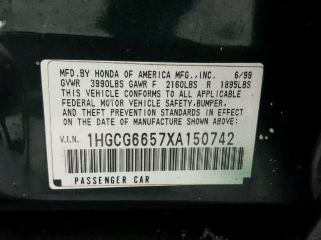 1HGCG6657XA150742 - 1999 HONDA ACCORD LX GREEN photo 10