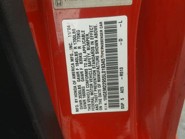 1HGEM22955L019345 - 2005 HONDA CIVIC EX RED photo 10