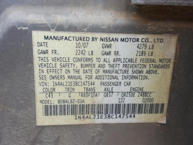 1N4AL21E38C147544 - 2008 NISSAN ALTIMA 2.5 GOLD photo 10