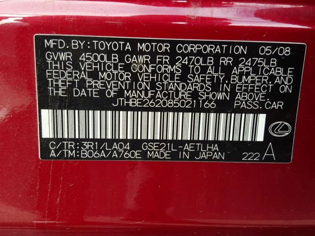 JTHBE262085021166 - 2008 LEXUS IS 350 RED photo 10