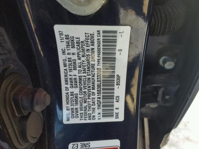 1HGFA16838L033208 - 2008 HONDA CIVIC EX BLUE photo 10