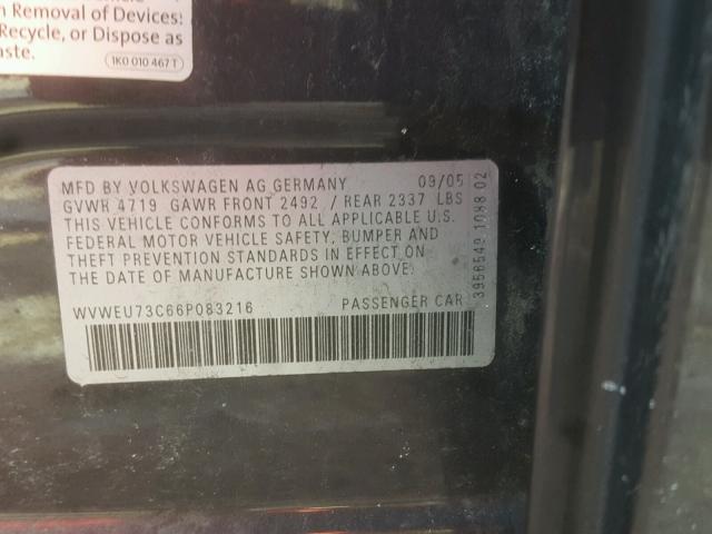 WVWEU73C66P083216 - 2006 VOLKSWAGEN PASSAT 3.6 BROWN photo 10