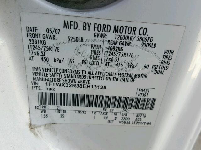 1FTWX32R38EB13135 - 2008 FORD F350 SUPER WHITE photo 10