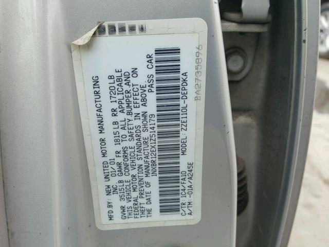 1NXBR12EX1Z514179 - 2001 TOYOTA COROLLA CE SILVER photo 10