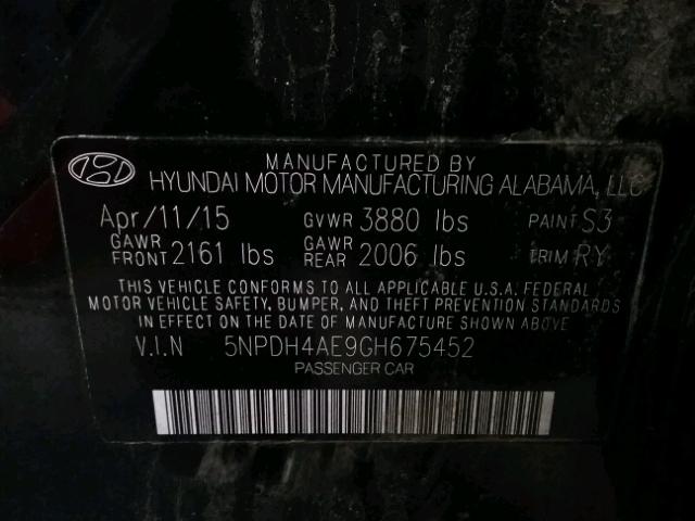 5NPDH4AE9GH675452 - 2016 HYUNDAI ELANTRA SE BLACK photo 10