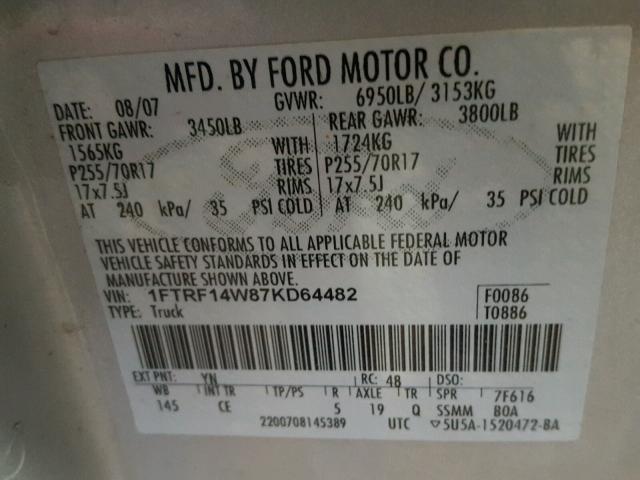 1FTRF14W87KD64482 - 2007 FORD F150 SILVER photo 10