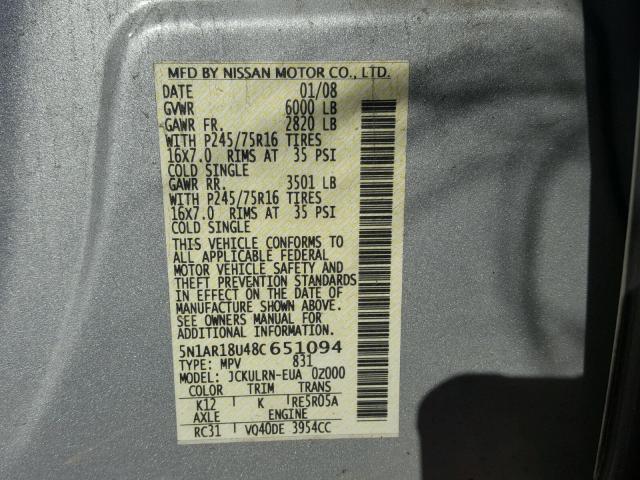 5N1AR18U48C651094 - 2008 NISSAN PATHFINDER SILVER photo 10