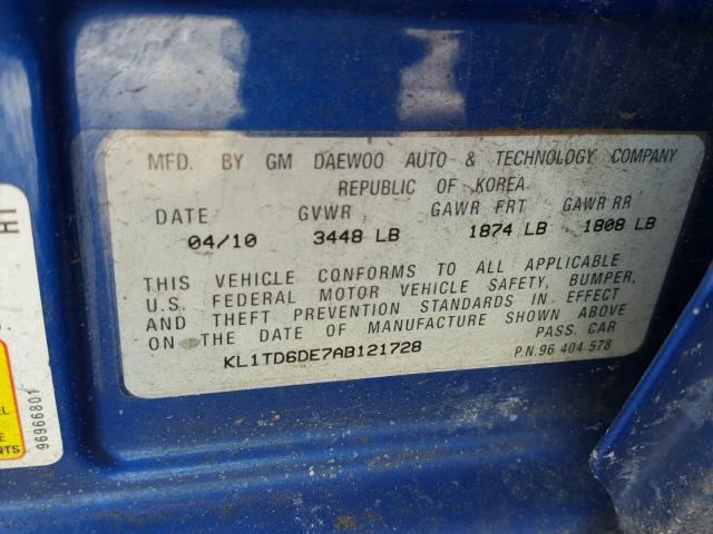 KL1TD6DE7AB121728 - 2010 CHEVROLET AVEO LS 蓝色 照片 10