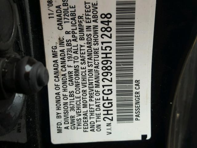 2HGFG12989H512848 - 2009 HONDA CIVIC EXL 黑色 照片 10