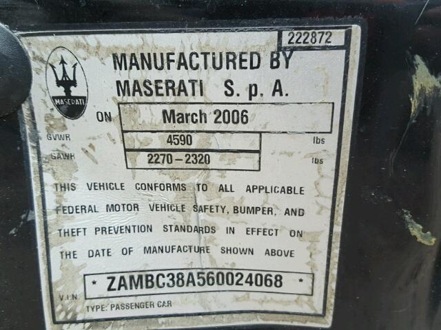 ZAMBC38A560024068 - 2006 MASERATI COUPE GT BLACK photo 10