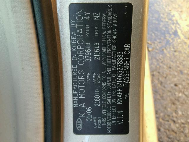 KNAFE121465278383 - 2006 KIA NEW SPECTR BEIGE photo 10