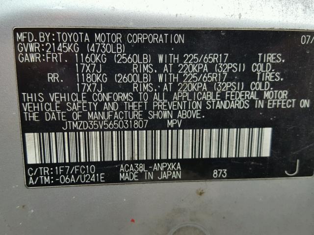 JTMZD35V565031807 - 2006 TOYOTA RAV4 SILVER photo 10