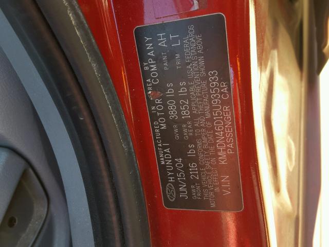 KMHDN46D15U935933 - 2005 HYUNDAI ELANTRA GL RED photo 10