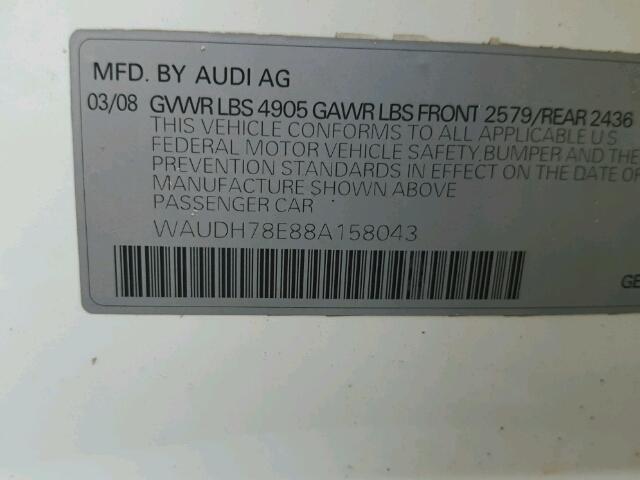 WAUDH78E88A158043 - 2008 AUDI A4 3.2 QUA WHITE photo 10