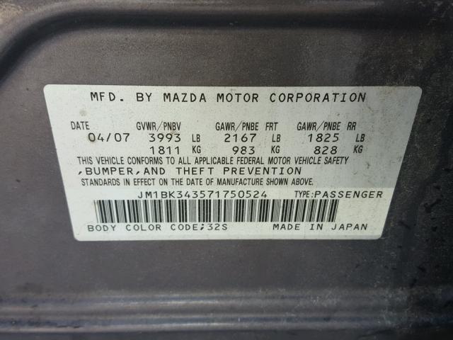 JM1BK343571750524 - 2007 MAZDA 3 HATCHBAC GRAY photo 10