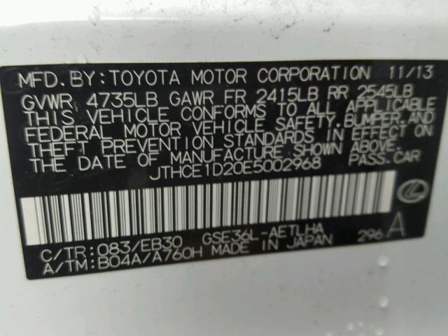 JTHCE1D20E5002968 - 2014 LEXUS IS 350 WHITE photo 10